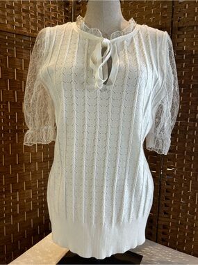 Ivory Lace Sleeve Pointelle Knit Top Romantic Cottagecore Balletcore L